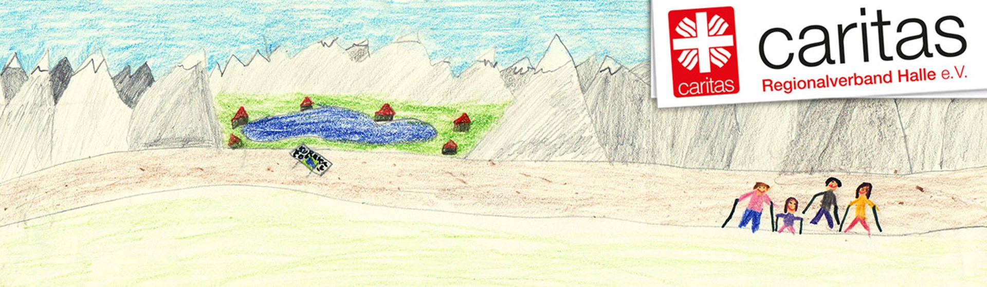 Kinderbild mit Hochgebirge, See und Familie